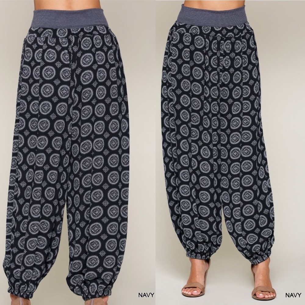 Balloon Pants  Navy White  Rib Waist  Medallion Print harem styleSz. S NWT Gigio - Picture 7 of 13
